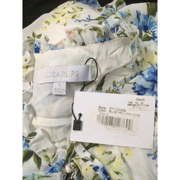 NWT Sugarlips Small Blue & Yellow Floral Ribboned Ruffled Long Sleeves Top - Picture 3 of 3